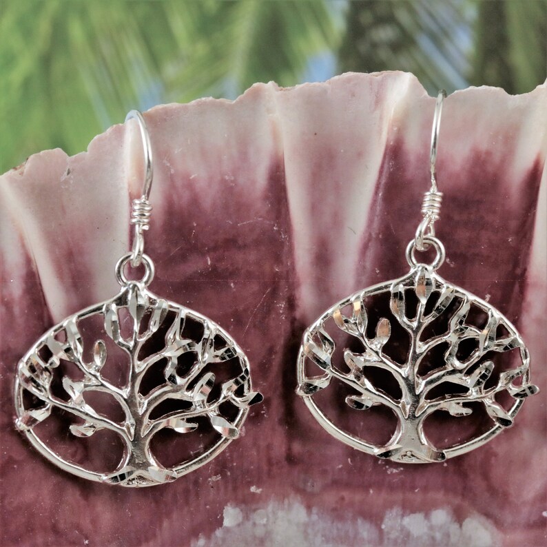 Silver Tree of life earrings, 1 7/16 tall .925 Sterling diamond cut framed family tree dangle earrings gift for her. Fast free shipping image 1
