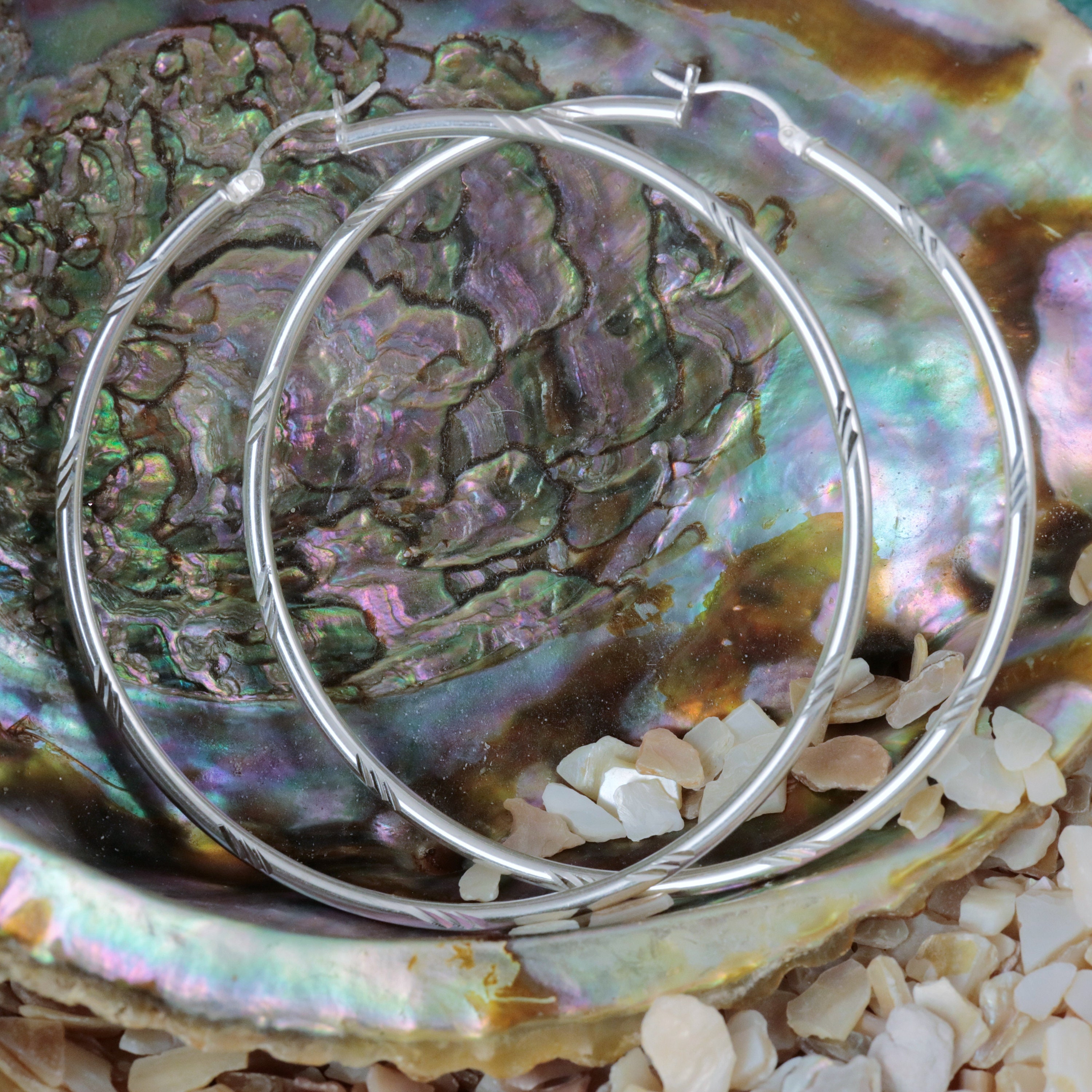 Orecchini a cerchio rotondi con taglio a diamante in argento sterling