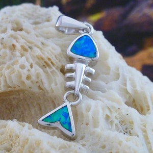 Puede incluir: Colgante de hueso de pescado de plata con detalles de ópalo azul. El colgante tiene forma de esqueleto de pez con un ópalo triangular en la cabeza y la cola.