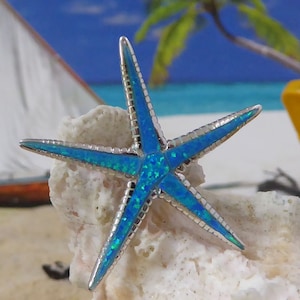 Silver Starfish Slide Pendant 1 1/4&quot; Rhodium plated .925 Sterling Blue Opal sea star Pendants, Sea life Jewelry, Fast free shipping,