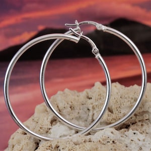 40 mm x 2 mm Silver hoop earrings 1.6&quot; wide .925 Sterling lever back Tubular hoop earrings. free fast shipping lightweight hoop gift for her