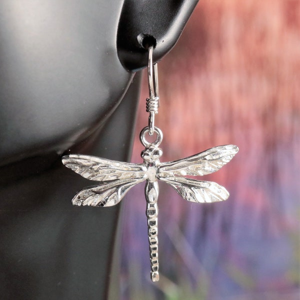 Silver Dragonfly Earrings, 1 5/8" long Diamond cut .925 Sterling dangle ear wire Dragonfly gift for her, bug Jewelry, Fast Free Shipping