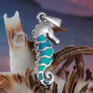 Silver Opal Seahorse Pendant, 15/16&quot; long + 5/16&quot; bail .925 Sterling Rhodium finish Blue Opal, , Fast Free Shipping, gift for her