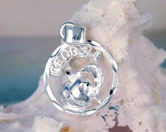 Sterling Silver, Diamond cut, Georgia peach name charm. 3/4' tall + 1/4" bail