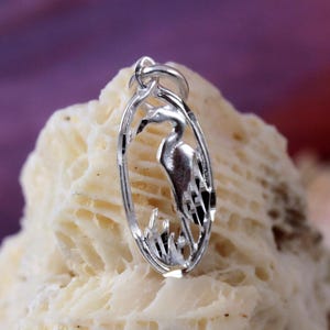 Silver Heron charm, 3/4&quot; long + 1/4&quot; bail . Diamond cut 925 Sterling in frame Great white /blue heron pendant gift egret Free fast shipping