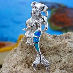 Silver Opal mermaid pendant 1 5/8&quot; long W/BAIL. Rhodium finish .925 Sterling Blue Opal siren charm gift for her , Fast free Shipping