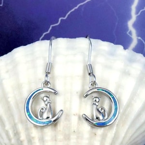 Sterling Silver Rhodium plated Blue Opal Cat on Moon Earrings: 1/2" tall + 3/4" wire.