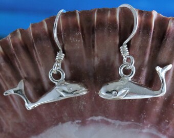 Silver Whale dangle earrings, 1" w/wire .925 Sterling Diamond cut whale jewelry gift for her fast free shipping sea life jewelry sea mammal