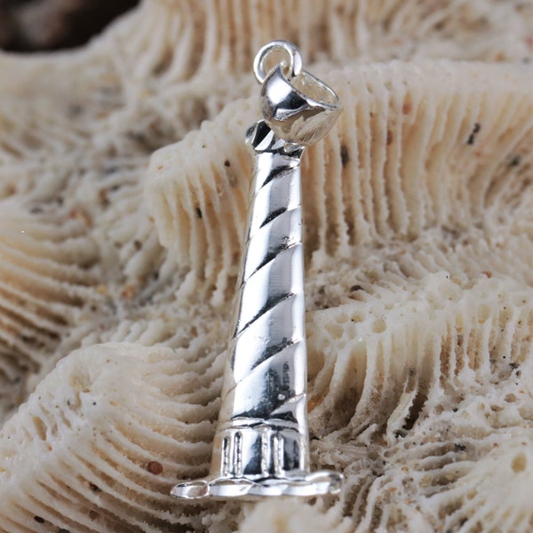 Silver Hatteras Lighthouse pendant 1 3/8" tall w/bail .925 Sterling Diamond cut lighthouse, nautical maritime jewelry, fast free shipping