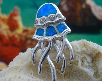 Silver jellyfish slide pendant, 1 1/4" tall 925 Sterling opal & CZ Rhodium blue Opal inlay, sea life jewelry. fast free shipping