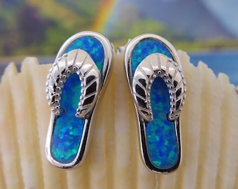 Sterling Silver Rhodium plated, Opal Flip Flop Stud Earrings: Sandal  3/4" long,