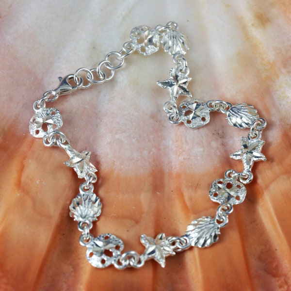 Silver sea life Bracelet combo Diamond cut 7 1/4" - 8 3/4", .925 Sterling Starfish, shell, sand dollar jewelry gift, Fast free shipping