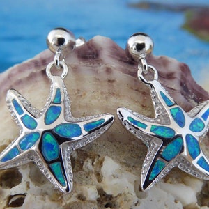 Sterling Silver Rhodium plated, blue Opal starfish dangle post earrings, 1" tall