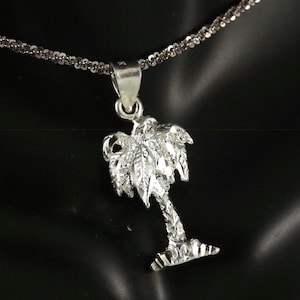 Silver palm tree pendant 7/8&quot; + 1/4&quot; bail .925 Sterling Diamond cut high polish tropical charm gift for her. Fast Free Shipping