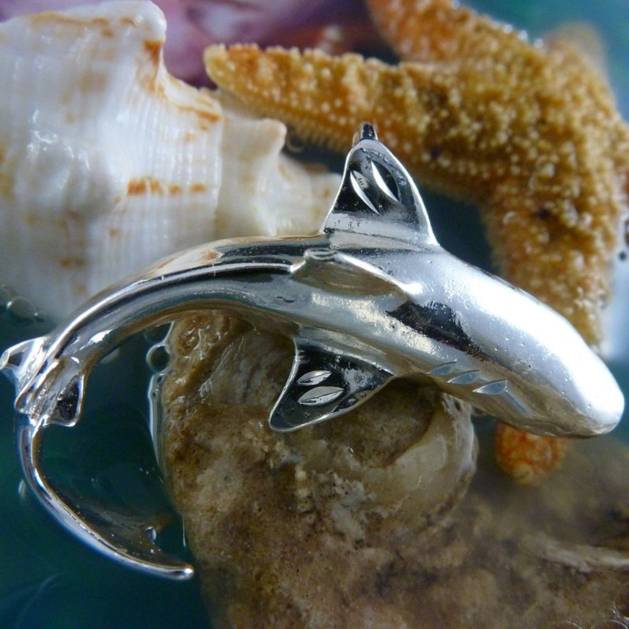 Silver Tiger Shark Pendant, 1 7/16