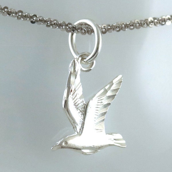 Silver Seagull pendant, 7/8" long w/bail, Diamond cut .925 Sterling Seagull Seabird charm Gift souvenir jewelry, Fast free shipping.