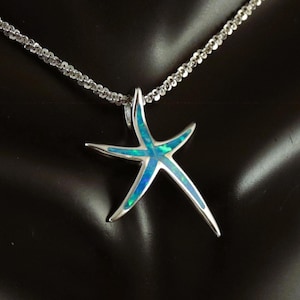 Silver Starfish Slide 7/8&quot; tall Rhodium plated .925 Sterling blue Opal Pendant souvenir gift for her, sea star Jewelry, Fast Free Shipping