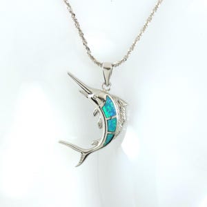 Silver Blue Marlin pendant, 1 1/4&quot; tall + 1/4&quot; bail .925 Sterling Rhodium finish blue Opal charm gift for her • fast free shipping