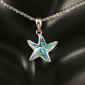 Silver Blue Opal starfish Pendant, 3/4&quot; long + 1/4&quot; bail Rhodium plated .925 Sterling sea star gift for her, Fast Free Shipping,