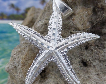 Silver Starfish Pendant. 2" tall with bail. .925 Sterling Diamond Cut. Fast free shipping, sea life jewelry Sea star charm gift for her