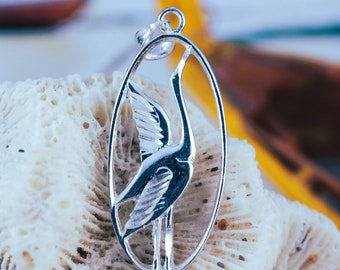 Silver Egret Heron pendant, 1 1/2" tall w/bail Diamond cut .925 Sterling Great blue, white Heron charm, water bird gift, Fast free shipping