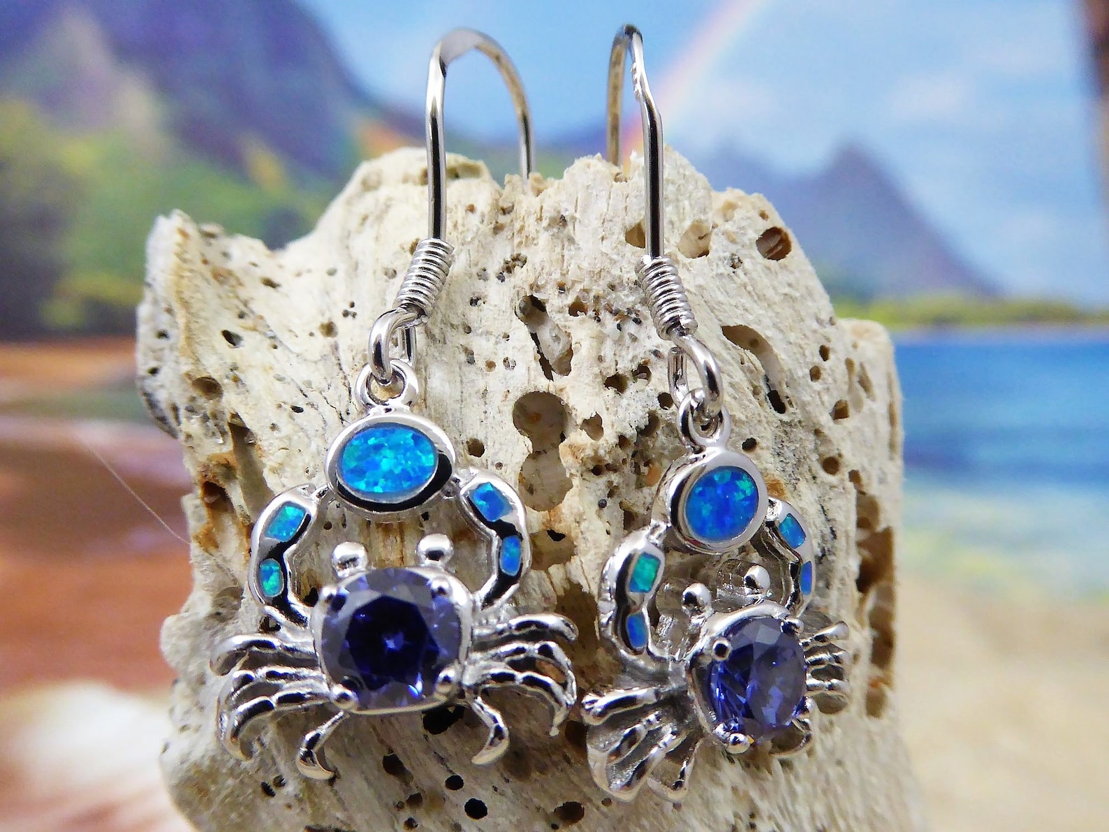 Silver Crab Dangle Earrings With Blue Opal Claws & Tanzanite Etsy