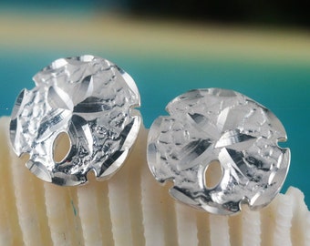 Silver Sand dollar studs 9/16" Sterling arrowhead Sand Dollar Diamond cut Sea biscuit jewelry souvenir gift for her, Fast Free Shipping