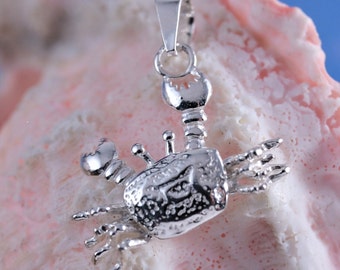 Silver Crab Pendant 1 3/16" long w/bail Sterling Diamond Cut with movable legs and claws, Sea life jewelry gift for her, Fast Free Shipping