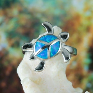 Silver Sea Turtle ring. 3/4&quot; tall Rhodium plated.925 Sterling, blue Opal sea life Jewelry gift, sea turtle souvenir. Fast free shipping