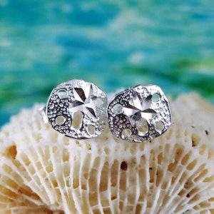 Sand Dollar post earrings, 5/16 .925 Sterling Silver small Diamond cut studs, Sea life jewelry, Fast Free Shipping, gift for her image 1