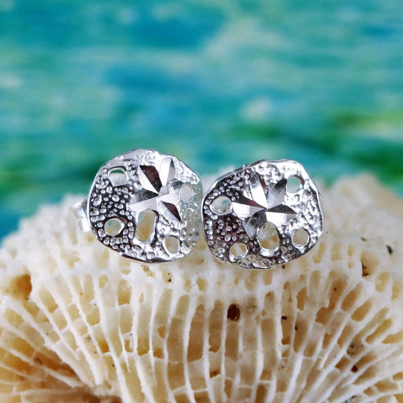 Sand Dollar post earrings, 5/16 .925 Sterling Silver small Diamond cut studs, Sea life jewelry, Fast Free Shipping, gift for her image 1