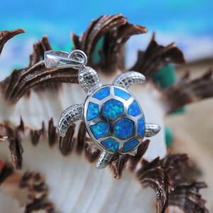 Silver Sea Turtle pendant 15/16&quot; long + 1/4&quot; bail, .925 Sterling, Rhodium plate finish, blue Opal charm gift for her Fast free shipping