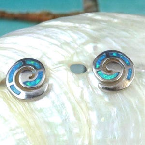 Sterling Silver, Rhodium plate, blue Opal, spiral stud Earrings • 7mm