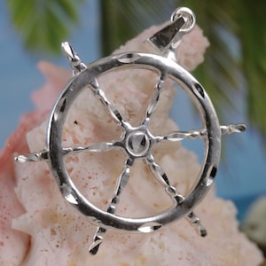Silver Ship's wheel pendant, 1 1/2" tall + 1/4" bail .925 Sterling Diamond cut finish, Fast free shipping, nautical boat jewelry