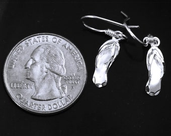Silver flip flop earrings, 11/16" + 1/2" long wire Diamond cut .925 Sterling sandal dangle earrings. Fast free shipping