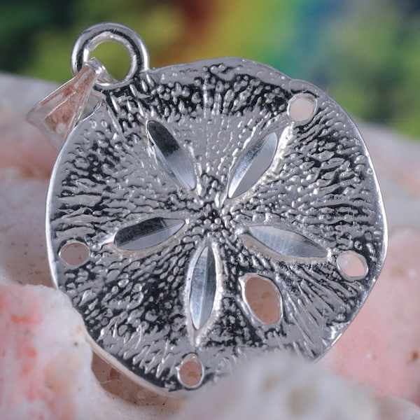 Silver Sand Dollar pendant, 7/8" tall w/bail Diamond cut .925 Sterling  charm, fast Free Shipping • Sea biscuit marine life jewelry