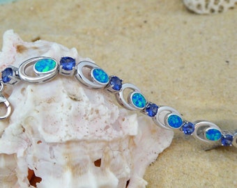 Silver Tanzanite Opal bracelet, 925 Sterling Silver blue Opal, and Tanzanite CZ stone link bracelet. fast free shipping Rhodium gift for her