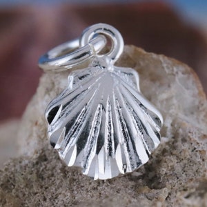 Sterling Silver Diamond cut little Scallop shell charm, 7/16" long + 1/4" bail .925