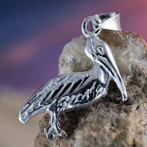 Silver pelican pendant • 7/8&quot; + 1/4&quot; bail .925 Sterling Diamond cut charm • 3-D design • Fast free shipping • Seabird necklace • water bird