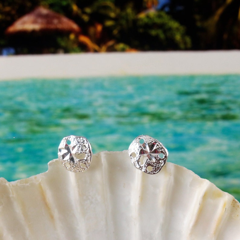 Sand Dollar post earrings, 5/16 .925 Sterling Silver small Diamond cut studs, Sea life jewelry, Fast Free Shipping, gift for her image 2