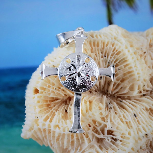 Silver Sand dollar cross pendant, 1 1/8" tall (w/bail) .925 Sterling Diamond cut charm gift • Fast Free Shipping sea biscuit, sand cake