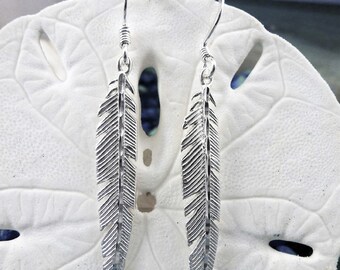 Silver feather earrings, 2" long w/wire, Diamond cut .925 Sterling feather dangle wire earrings feather jewelry gift, Fast free shipping.