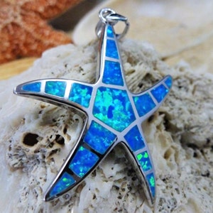 Silver starfish pendant, 1 1/2" w/bail .925 Sterling, Rhodium finish, blue Opal sea star sea life jewelry souvenir gift, Fast free Shipping.
