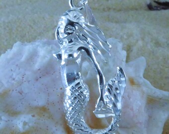 Silver Mermaid Pendant 1 1/2" tall w/ bail .925 Sterling Diamond Cut Siren charm, Fast Free Shipping. mermaid necklace souvenir jewelry gift