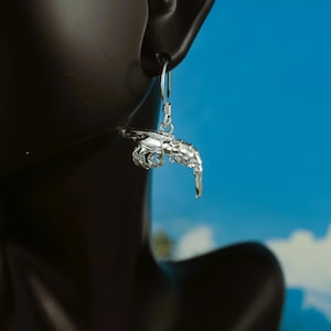 Silver Shrimp wire earrings 7/8&quot; + 5/8&quot; ear wire 3-D Diamond cut .925 Sterling shrimp dangles gift for her•  crustaceans, Fast Free Shipping