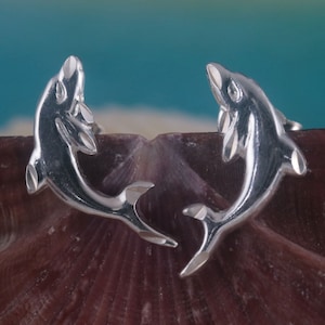 Silver Dolphin stud earrings. .925 Sterling porpoise post, Diamond cut, Sea life Jewelry gift for her, Free Shipping, fast free shipping