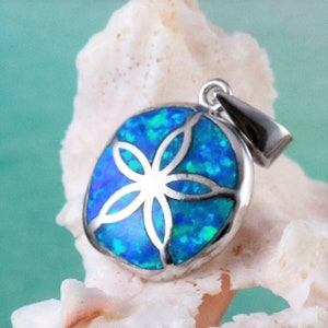 Silver Sand Dollar Pendant 15/16" long w/bail Rhodium plate .925 Sterling, Blue Opal Sea biscuit charm gift for her Fast Free Shipping