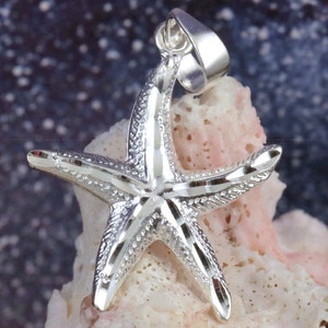 Silver Starfish Pendant, 1 1/4&quot; tall + 1/4&quot; bail wide Diamond Cut .925 Sterling sea star charm, sea life jewelry gift. Fast free shipping