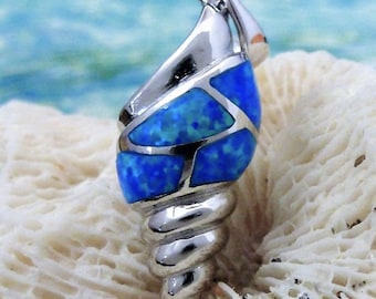 Silver horse conch shell pendant 1 3/8" with bail .925 Sterling Rhodium finish, blue Opal sea life jewelry. fast free shipping! ocean,