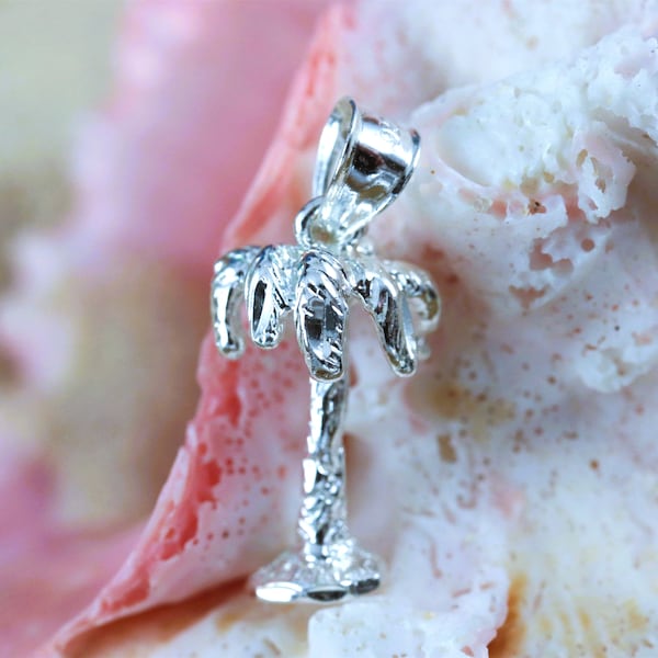 Sterling Silver palm tree Pendant, 11/16" long + 1/4" bail Diamond cut .925  3-Dimensional